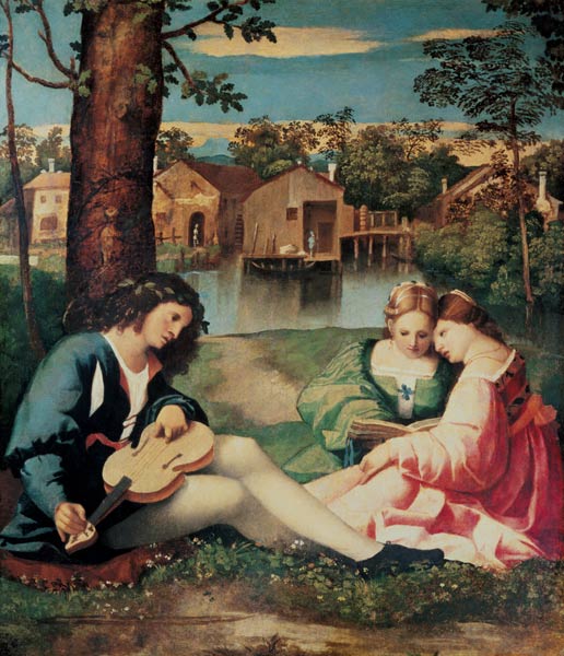 Youth with a guitar and two girls sitting on a river bank von Giorgione (eigentl. Giorgio Barbarelli oder da Castelfranco)