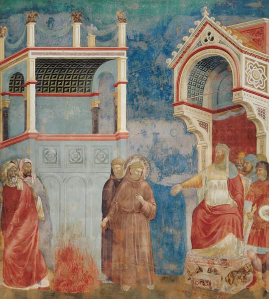 The Trial by Fire, St. Francis offers to walk through fire, to convert the Sultan of Egypt in 1219 von Giotto (di Bondone)