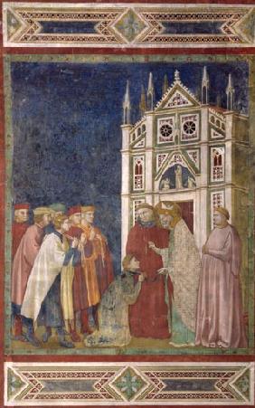 Der hl. Nikolaus nimmt die drei gestrandeten roemischen Ritter Nepotianus, Ursus und Apilio in Myra 1300