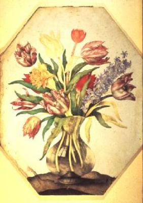 Glass Vase of Tulips with a Hyacinth