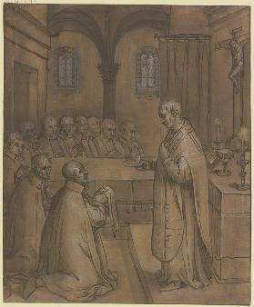 Ein vor dem Altar stehender Priester reicht mehreren knienden Männern die Hostie
