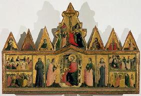 Polyptych: central panel depicting the Madonna and Child Enthroned with Angels and Saints surrounded 16th