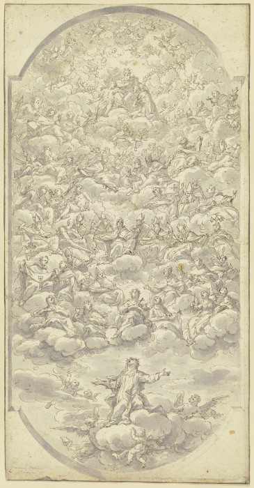 Heilige von vielen Engeln auf Wolken in den Himmel getragen, Gottvater, umgeben von den Helden des A von Giovanni Battista Gaulli