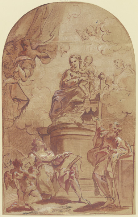 Maria auf dem Throne, dabei der Heilige Paulus und der Heilige Matthäus mit dem Engel von Giovanni Battista Gaulli