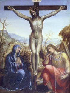 Christus am Kreuz mit Maria und Johannes dem Evangelisten von Giovanni Bazzi Sodoma