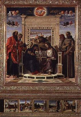Coronation of the Virgin with SS. Paul, Peter, Jerome and Francis of Assisi with scenes from the liv c.1474