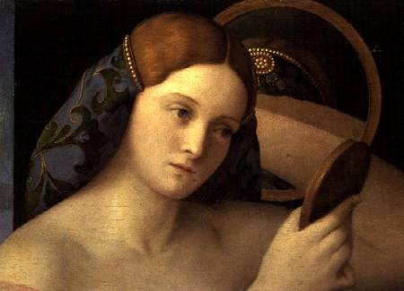 Young Woman at her Toilet, detail of the face von Giovanni Bellini