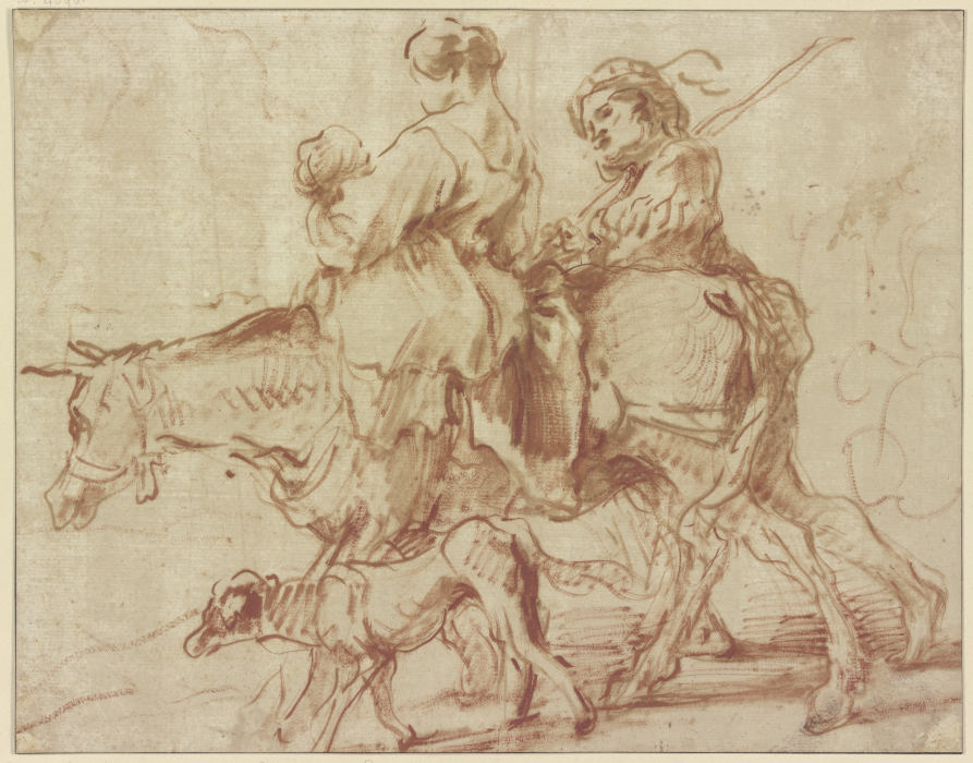 Frau mit Kind auf einem Esel reitend, ein junger Mann zu Fuß nebenher gehend von Giovanni Benedetto Castiglione