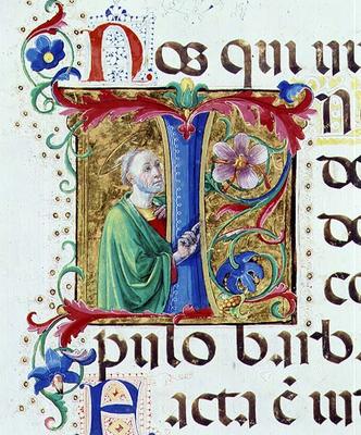 Ms 542 f.44v Historiated initial 'I' depicting a male saint from a psalter written by Don Appiano fr von Giovanni di Guiliano Boccardi