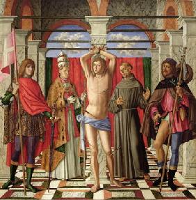 Saint Sebastian with Saints Liberale, Gregory, Francis and Roch (oil on panel) 17th