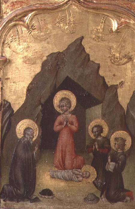 Adoration of the Child by the Virgin, St. Joseph and two saints von Giovanni  di Paolo di Grazia