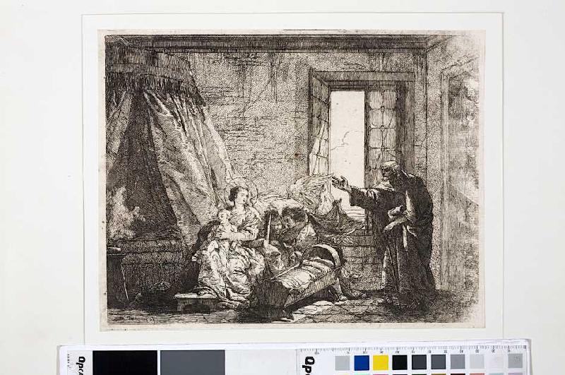 Joseph berichtet Maria von der Aufforderung zur Flucht, aus der Serie Die Flucht nach Ägypten von Giovanni Domenico Tiepolo