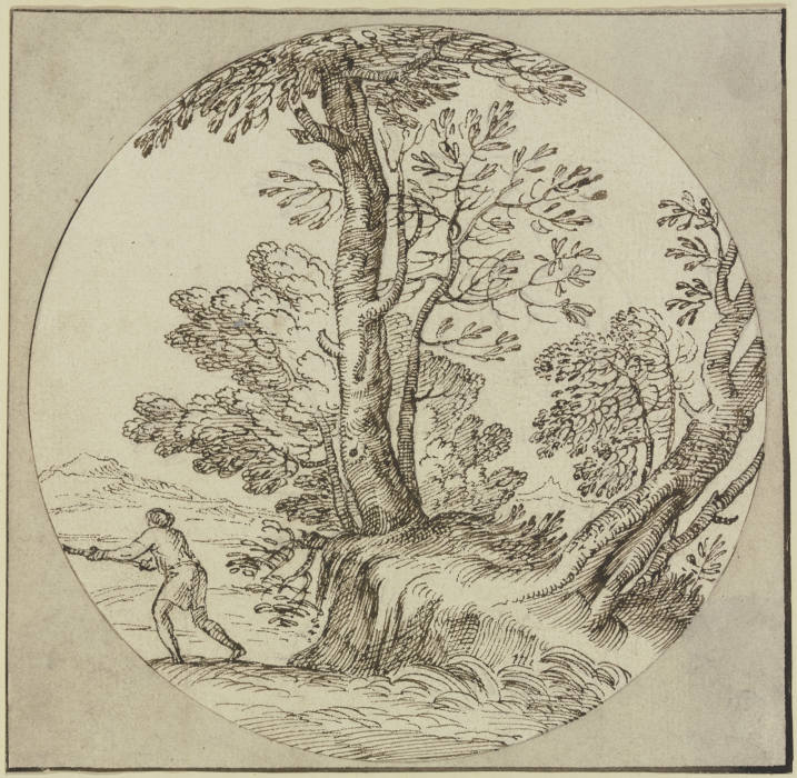 Baumpartie am Wasser, ein Mann nach links von Giovanni Francesco Grimaldi