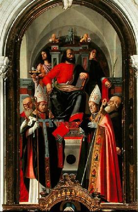 Saint Mark enthroned surrounded by Saints