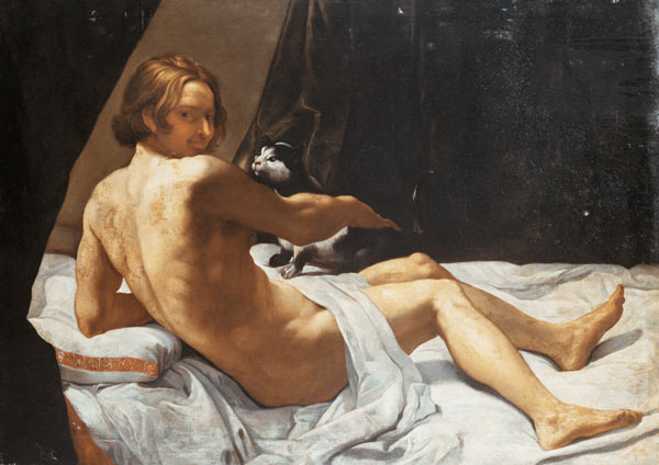 Young Man Lying on a Bed with a Cat von Giovanni Lanfranco
