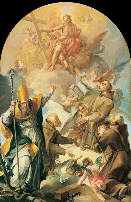 Drei Kapuzinerheilige und ein heiliger Bischof beten Christus und das Kreuz an von Giovanni Lanfranco