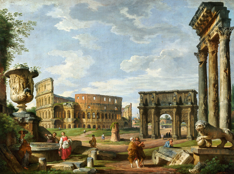 A Capriccio View Of Rome With The Colosseum, The Arch Of Constantine And The Temple Of Castor And Po von Giovanni Paolo Pannini