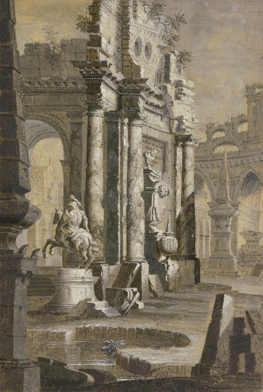 Reiterstandbild inmitten einer antiken Ruinenlandschaft von Giovanni Paolo Pannini
