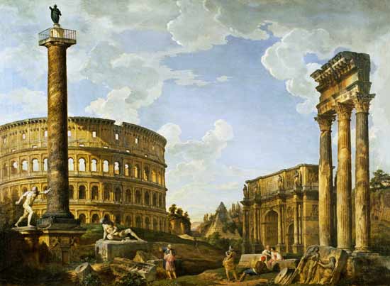 Roman Capriccio Showing the Colosseum, Borghese Warrior, Trajan's Column, the Dying Gaul, Tomb of Ce von Giovanni Paolo Pannini