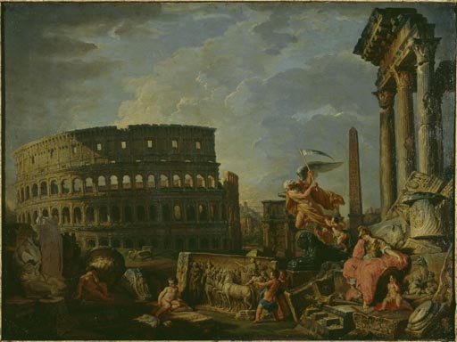 Ruinenlandschaft mit Kolosseum und Konstantinsbogen und Allegorie auf den Untergang des Roemischen R von Giovanni Paolo Pannini