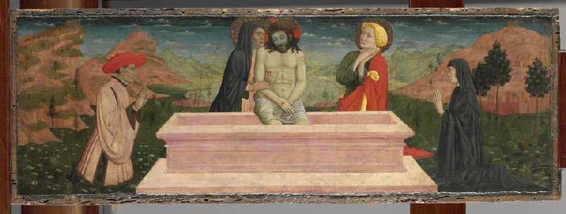 Imago pietatis mit Maria und Johannes und einem Stifterpaar. von Giovanni Francesco da Rimini