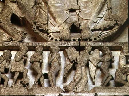 West Portal tympanum depicting the Last Judgement: detail of Christ's feet, an angel and mortals von Gislebertus
