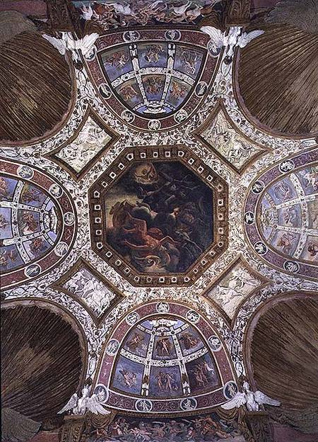 Camera delle Aquile, ceiling with the Fall of Icarus in the central panel surrounded by stucco decor von Giulio Romano