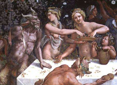 Two Horae scattering flowers, watched by two satyrs, detail of the rustic banquet celebrating the ma von Giulio Romano