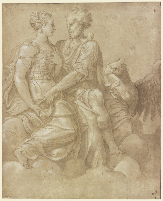 Jupiter und Juno einander anblickend, mit dem Adler auf Wolken sitzend von Giulio Romano