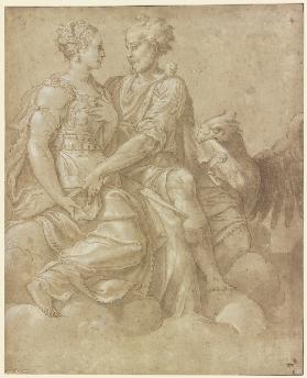 Jupiter und Juno einander anblickend, mit dem Adler auf Wolken sitzend