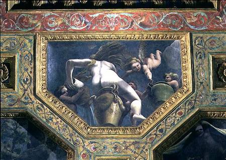 A nymph pouring water from an urn aided by putti, ceiling caisson from the Sala di Amore e Psiche von Giulio Romano