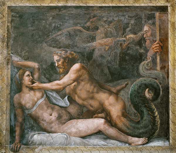 Olympia is seduced by Jupiter, whose thunderbolt is seized by an eagle who drills the eye of the jea von Giulio Romano