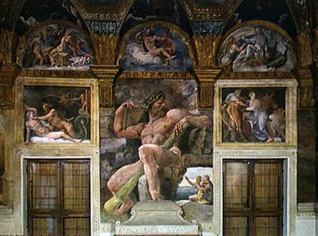 Olympia seduced by Jupiter, Polyphemus guarding Acis and Galatea, Pasiphae entering the cow construc von Giulio Romano