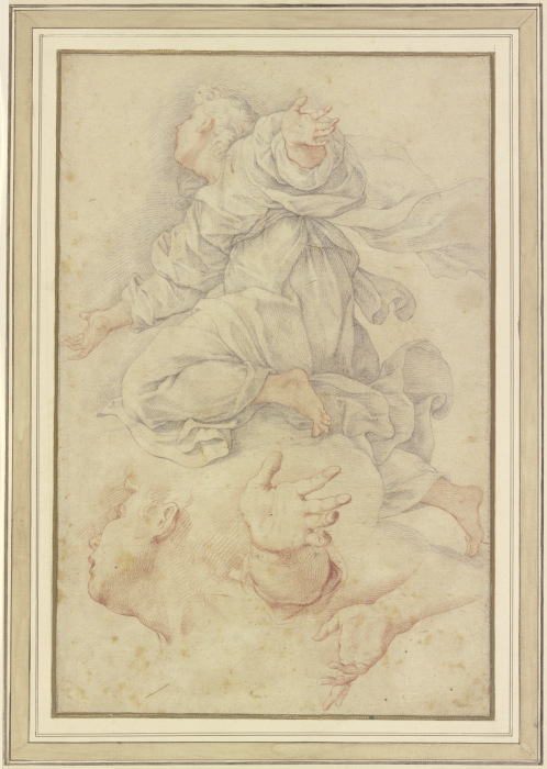 Studienblatt: Kniender Engel auf Wolken mit fliegendem Gewand, darunter eine Wiederholung des Kopfes von Giuseppe Bartolomeo Chiari