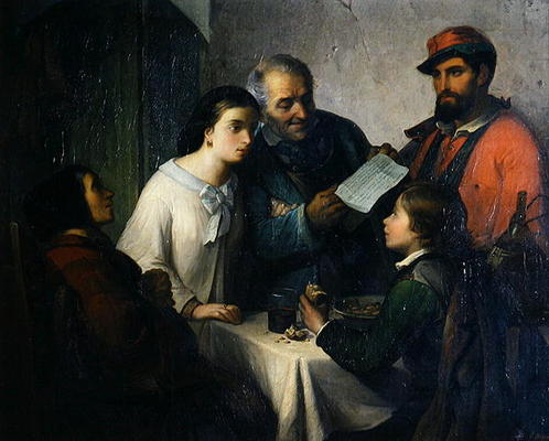 The Letter of the Volunteer, from the Front to the Family, 1861 (oil on canvas) von Giuseppe Moricci
