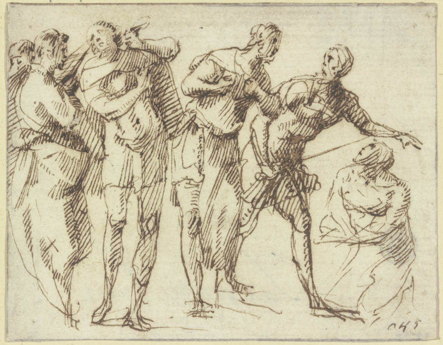Eine Gruppe zusammenstehender Männer und einer knienden Frau (Christus und die Ehebrecherin?) von Giuseppe Porta