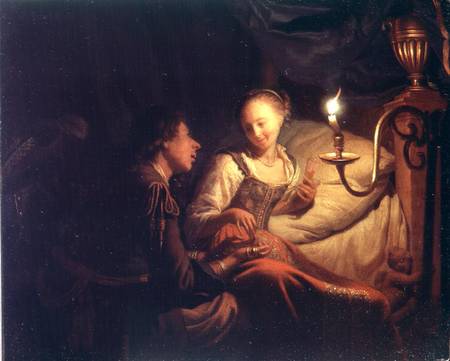 A Candlelight Scene: A Man Offering a Gold Chain and Coins to a Girl Seated on a Bed von Godfried Schalcken