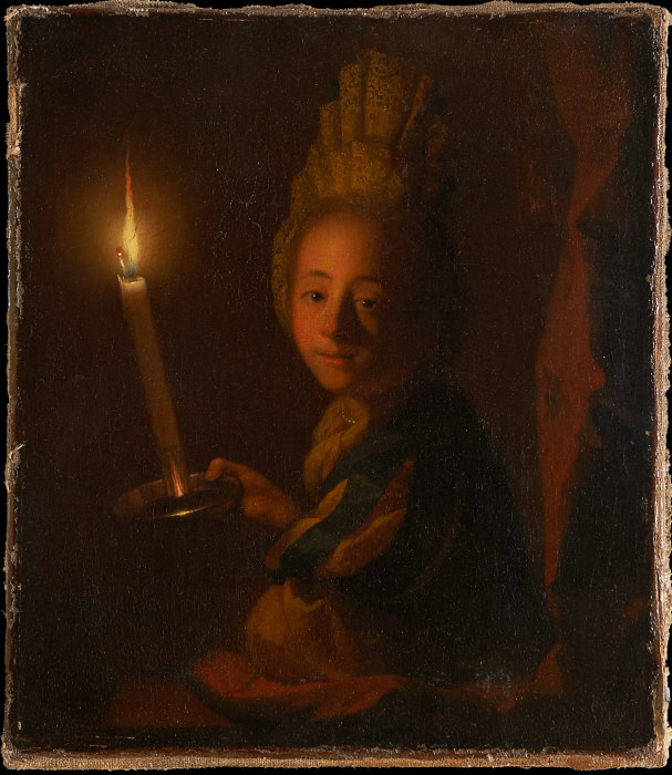 Mädchen mit hoher Haube und brennender Kerze von Godfried Schalcken