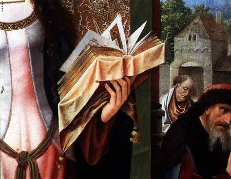 St. Catherine and the Philosophers, detail of the prayer book von Goossen  van der Weyden