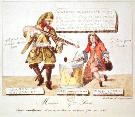 Missions of the 17th Century: The Missionary Dragoon forcing a Huguenot to Sign his Conversion to Ca von Gottfried Engelmann