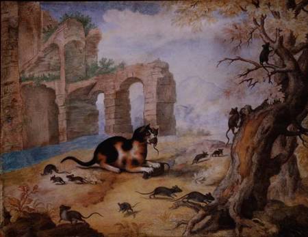 Cat killing mice in a landscape von Gottfried Mind
