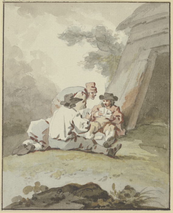 Vier Männer vor einer Hütte am Boden sitzend oder hockend beim Kartenspiel von Gottlieb Welté
