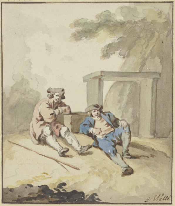 Zwei Männer bei einer Steinbank am Boden lagernd von Gottlieb Welté