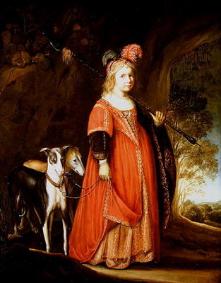 Portrait of a young girl as Diana, in a glade with two greyhounds (oil on canvas) von Govaert Flinck