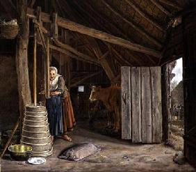 Barn Interior with a Maid Churning Butter