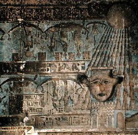 Ceiling relief depicting the sun shining down on Hathor, from the Hypostyle Hall, c.125-AD 60 (photo 18th