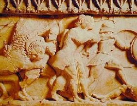 Detail of the north frieze of the Siphnian Treasury depicting gods fighting giants c.525 BC