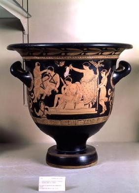 Attic red-figure krater depicting Orestes as suppliant at the shrine of Apollo in Delphi, attributed 20th