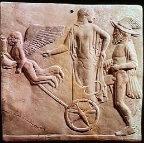 Aphrodite and Hermes riding on a chariot pulled by Eros and Psyche 470 BC