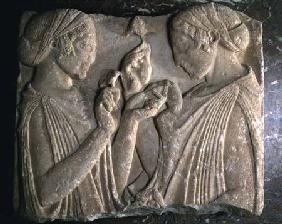 The Stele of Pharsalos depicting the glorifying of the flower, two girls face to face carrying flowe c.460 BC